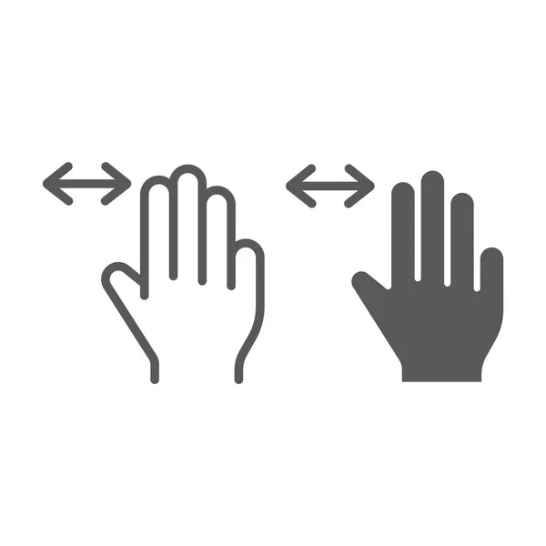 Három ujj vízszintes görgetés vonal és a karakterjel-ikon, gesztus, és kezét, flick jel, vektorgrafikus, lineáris szerkezet egy fehér háttér. — Stock Vector