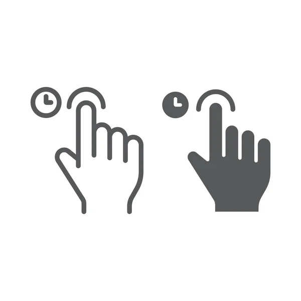Touchez et maintenez la ligne et l'icône de glyphe, le geste et la main, appuyez sur signe, graphiques vectoriels, un motif linéaire sur un fond blanc . — Image vectorielle