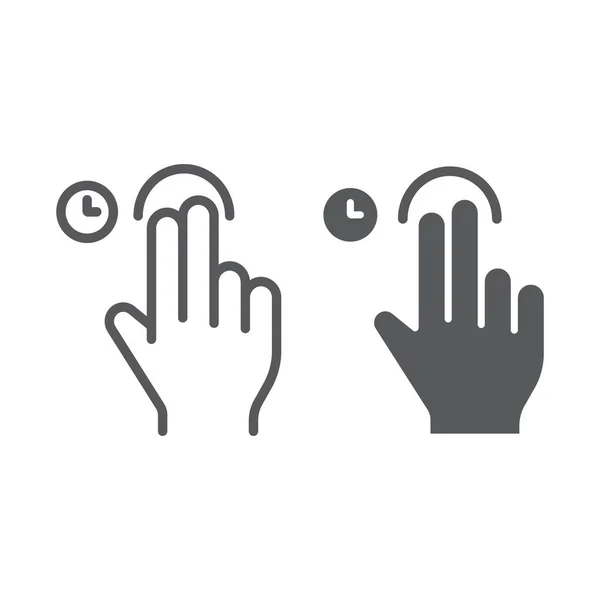 Δύο δάχτυλα αγγίξτε και κρατήστε πατημένο το εικονίδιο γραμμής και glyph, χειρονομία και το χέρι, σαρώστε σημάδι, διανυσματικά γραφικά, ένα γραμμικό σε λευκό φόντο. — Διανυσματικό Αρχείο