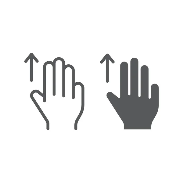 三根手指向上拖动线条和字形图标, 手势和手, 向上滚动符号, 矢量图形, 在白色背景上的线性图案. — 图库矢量图片