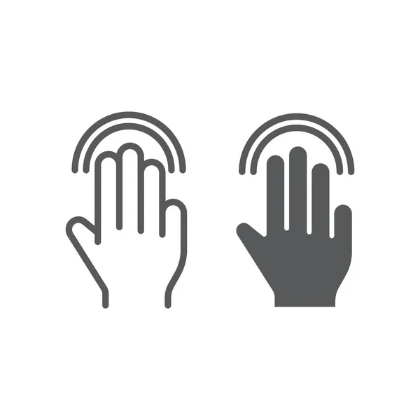 Tripla linea a doppio tocco e icona del glifo, gesto e mano, segno di clic, grafica vettoriale, un modello lineare su uno sfondo bianco . — Vettoriale Stock