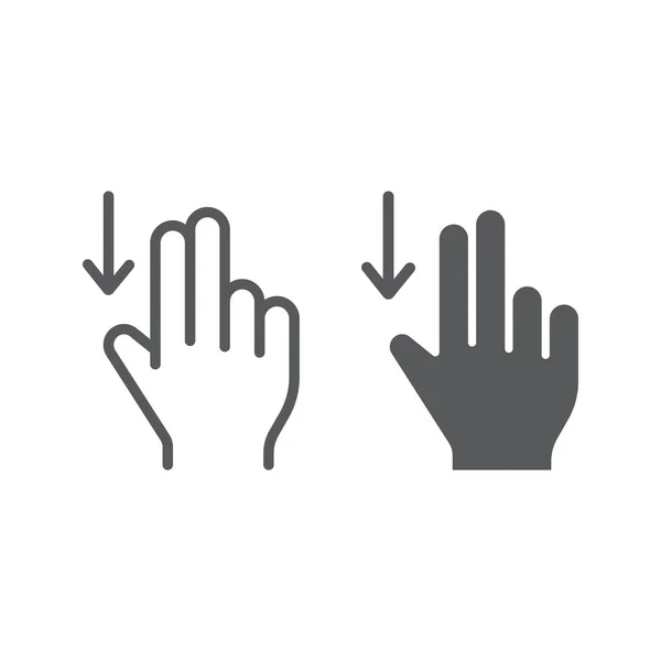 Dos dedos arrastran hacia abajo línea e icono de glifo, gesto y mano, signo de movimiento, gráficos vectoriales, un patrón lineal sobre un fondo blanco . — Vector de stock