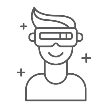 VR oyun ince çizgi simgesi, oyun ve sanal, vr işareti, vektör grafikleri, Doğrusal model beyaz bir arka plan üzerinde gözlük..