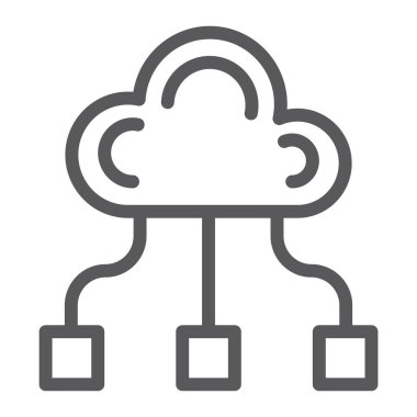 Topluluk satırı simgesi, oyun ve ekibi, bulut işareti, vektör grafikleri, Doğrusal model beyaz bir arka plan üzerinde.