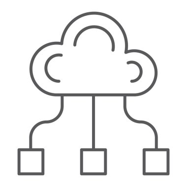 Topluluk ince çizgi simgesi, oyun ve ekibi, bulut işareti, vektör grafikleri, Doğrusal model beyaz bir arka plan üzerinde.