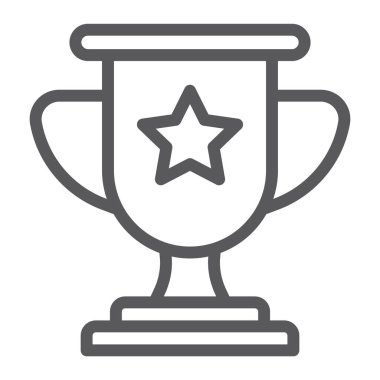 Kazanan satırı simgesi, oyun ve Ödülü, ödül Kupası işareti, vektör grafik, bir doğrusal model beyaz bir arka plan üzerinde.