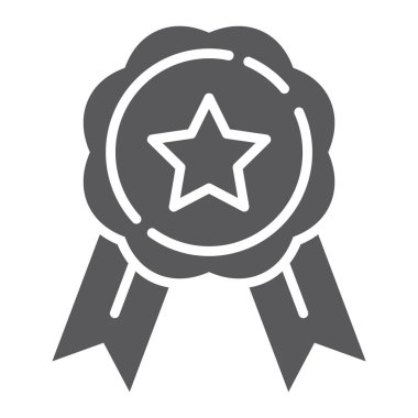 Madalya glif simgesi, ödül ve başarı, rozet işareti, vektör grafikleri, beyaz zemin üzerinde sağlam bir desen.