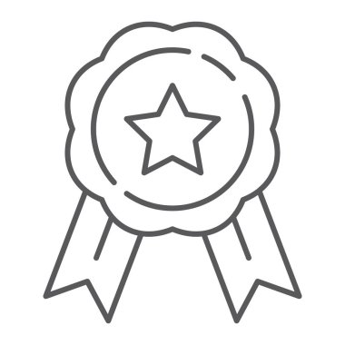 Madalya ince çizgi simgesi, ödül ve başarı, rozet işareti, vektör grafikleri, Doğrusal model beyaz bir arka plan üzerinde.