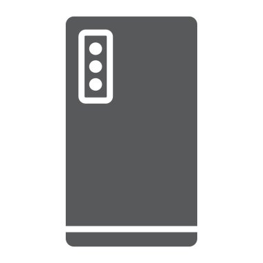Smartphone üç kamera glif simgesi, teknoloji ve iletişim, cep telefonu işareti ile vektör grafikleri, beyaz zemin üzerinde sağlam bir desen.
