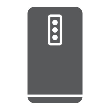 Smartphone üç kamera glif simgesi, teknoloji ve iletişim, cep telefonu işareti ile vektör grafikleri, beyaz zemin üzerinde sağlam bir desen.