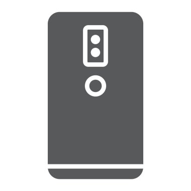 Çift kamera smartphone glif simgesi, teknoloji ve iletişim, cep telefonu işareti, vektör grafikleri, beyaz zemin üzerinde sağlam bir desen.