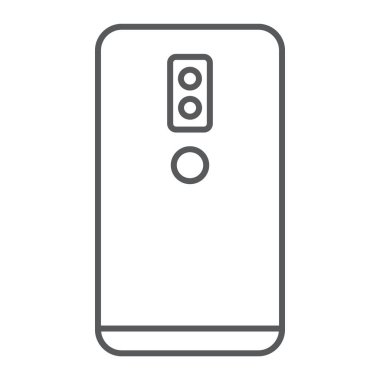 Çift kamera smartphone ince çizgi simgesi, teknoloji ve iletişim, cep telefonu işareti, vektör grafikleri, Doğrusal model beyaz bir arka plan üzerinde.