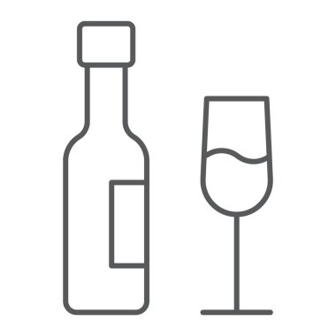 Şarap ince çizgi simgesi, cam ve alkol, içki işareti, vektör grafikleri, Doğrusal model beyaz bir arka plan üzerinde.