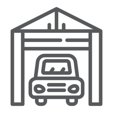 Garaj satırı simgesi, oto, Park, araba ev işareti, vektör grafikleri, Doğrusal model beyaz bir arka plan üzerinde.