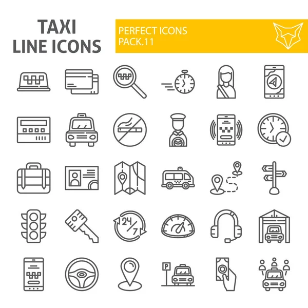 Juego de iconos de línea de taxi, colección de símbolos de coche, bocetos vectoriales, ilustraciones de logotipo, carteles de cabina paquete de pictogramas lineales aislados sobre fondo blanco . — Vector de stock