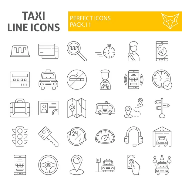 Taxi conjunto de iconos de línea delgada, colección de símbolos de coche, bocetos vectoriales, ilustraciones de logotipo, carteles de cabina paquete de pictogramas lineales aislados sobre fondo blanco . — Vector de stock
