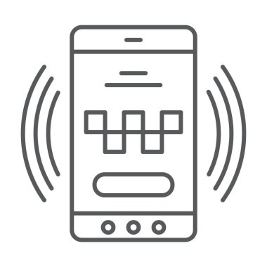 Taksi arama ince çizgi simgesi, taksi ve Servisi, smartphone işareti, vektör grafikleri, doğrusal model beyaz bir arka plan üzerinde.