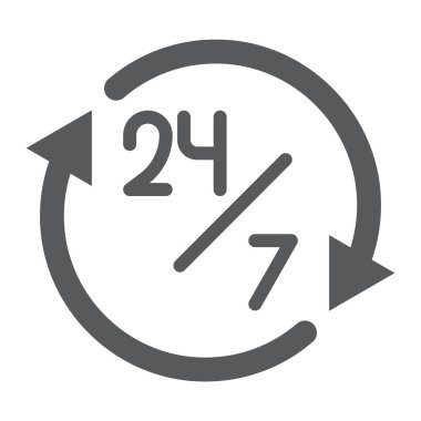 Yirmi dört saat glif simgesi, 24 Saat Açık ve hizmet, oturum, vektör grafikleri, beyaz zemin üzerinde sağlam bir desen.