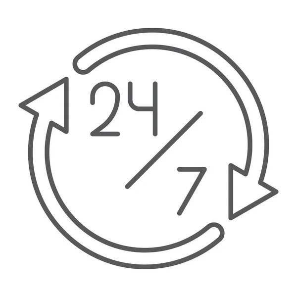 Tjugofyratimmarsperiod tunn linje-ikonen, öppen och service, 24 timmar logga, vektorgrafik, en linjär mönster på en vit bakgrund. — Stock vektor