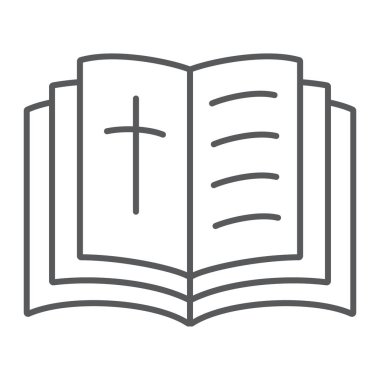 İncil'de ince çizgi simgesi, din ve kitap ile işareti, vektör grafikleri, doğrusal model beyaz bir arka plan üzerinde çapraz.