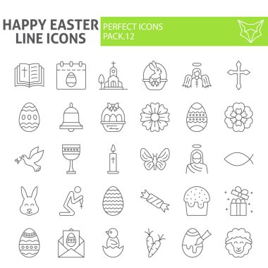 Mutlu Paskalya ince çizgi simge seti, bahar tatil semboller koleksiyonu, vektör çizimler, logo illüstrasyonlar, Hıristiyan doğrusal sembollerin paket izole kutlama işaretleri beyaz arka plan.