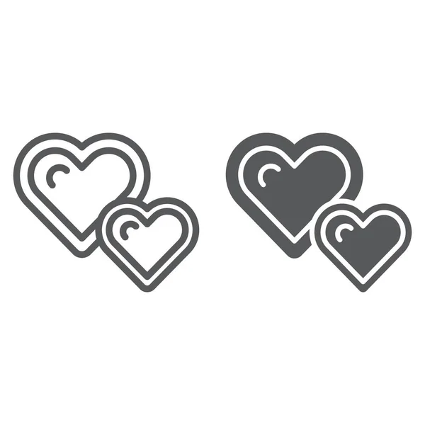 Línea de corazones vivos e icono de glifo, amor y similares, signo de corazón, gráficos vectoriales, un patrón lineal sobre un fondo blanco . — Vector de stock