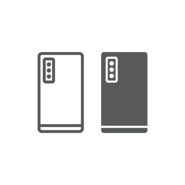 Smartphone üç kamera satır ve karakter simgesi, teknoloji ve iletişim, cep telefonu işareti ile vektör grafikleri, doğrusal model beyaz bir arka plan üzerinde.