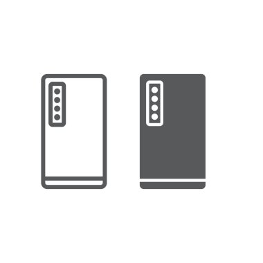 Dört kamera satır ve karakter simgesi, teknoloji ve iletişim, cep telefonu işareti ile akıllı telefon vektör grafikleri, doğrusal model beyaz bir arka plan üzerinde.