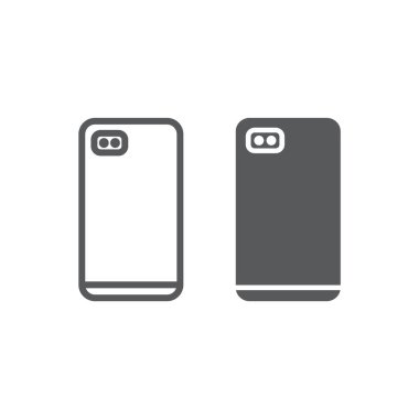 Smartphone ile çift kamera satır ve karakter simgesi, iletişim ve cihaz, telefon işareti, vektör grafikleri, doğrusal model beyaz bir arka plan üzerinde.