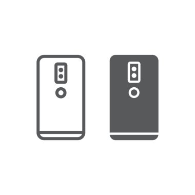 Çift kamera akıllı telefon hattı ve glif simgesi, teknoloji ve iletişim, cep telefonu işareti, vektör grafikleri, doğrusal model beyaz bir arka plan üzerinde.