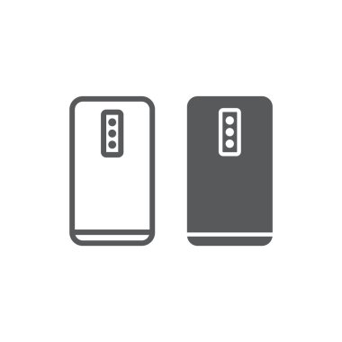 Smartphone üç kamera satır ve karakter simgesi, teknoloji ve iletişim, cep telefonu işareti ile vektör grafikleri, doğrusal model beyaz bir arka plan üzerinde.