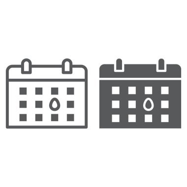 Takvim çizgi ve glif simgesini, ay ve gün, uyarı mektubu işareti, vektör grafikleri, doğrusal model beyaz bir arka plan üzerinde.