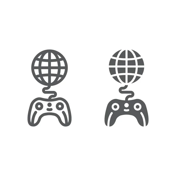 Globala spelet linje och glyph ikon, lek och världen, världen med joystick tecken, vektorgrafik, en linjär mönster på en vit bakgrund. — Stock vektor