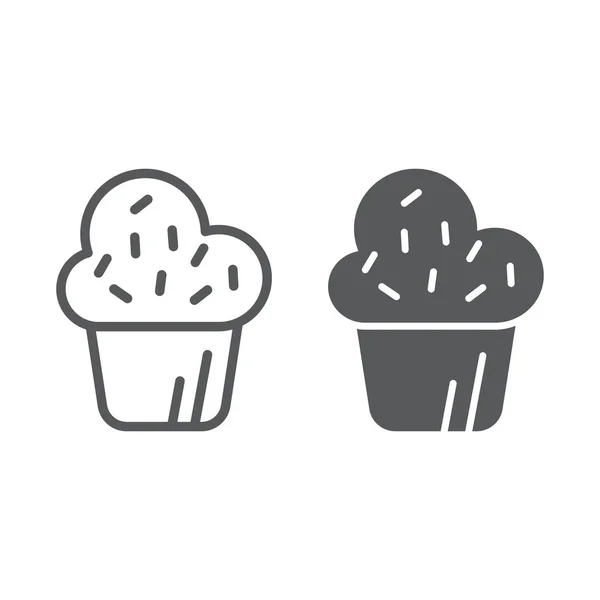 マフィン ラインとグリフ アイコン、ケーキ、食品、カップケーキ記号のベクター グラフィックス、白い背景の上の線形パターン. — ストックベクタ