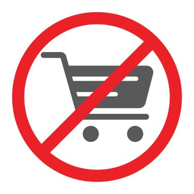 Glif simgesi, yasak cart alışveriş yok ve yasak, alışveriş arabası yok, vektör grafikleri, beyaz zemin üzerinde sağlam bir desen.