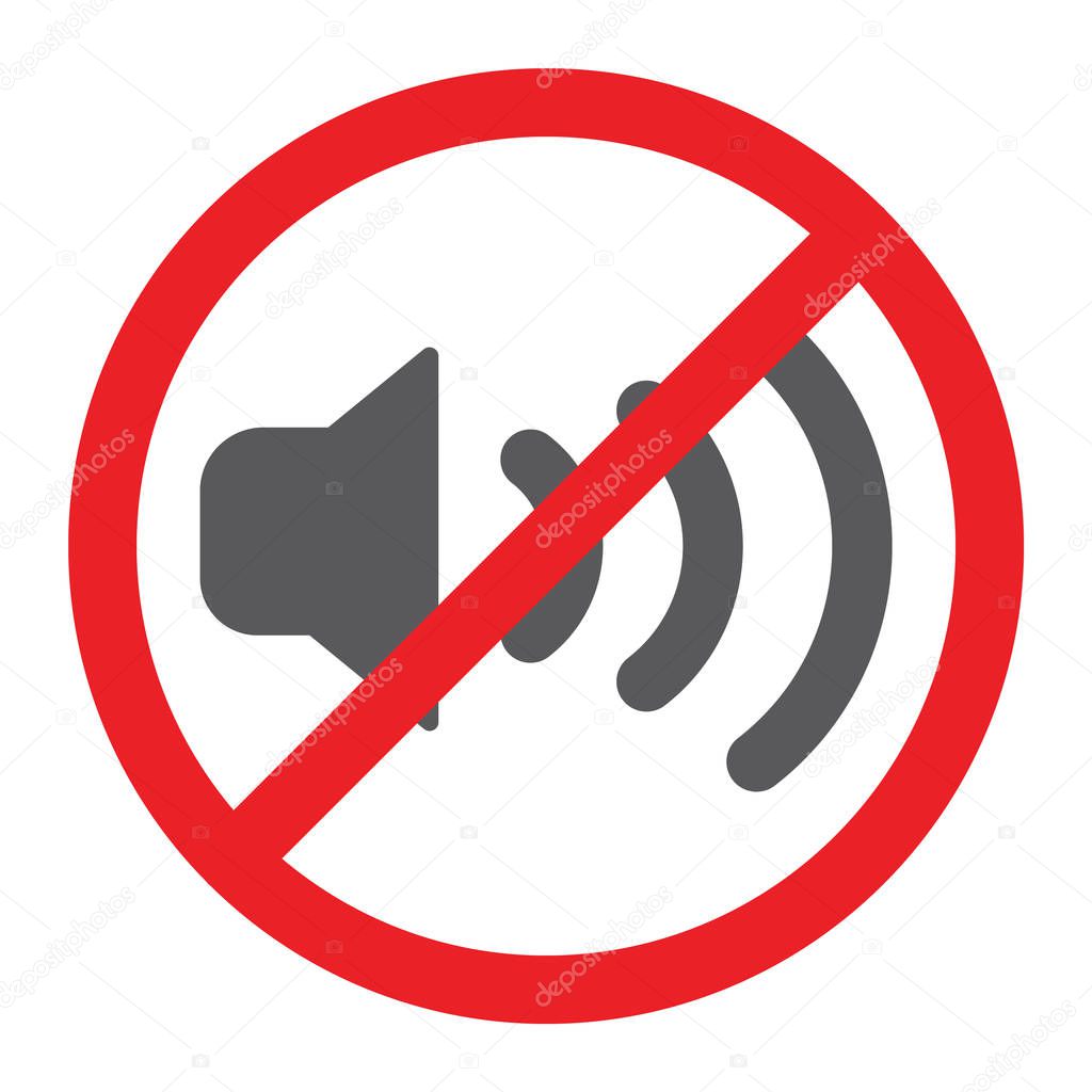 No sound glyph icon, prohibited and silence, no noise sign, vector graphics, a solid pattern on a white background, eps 10.