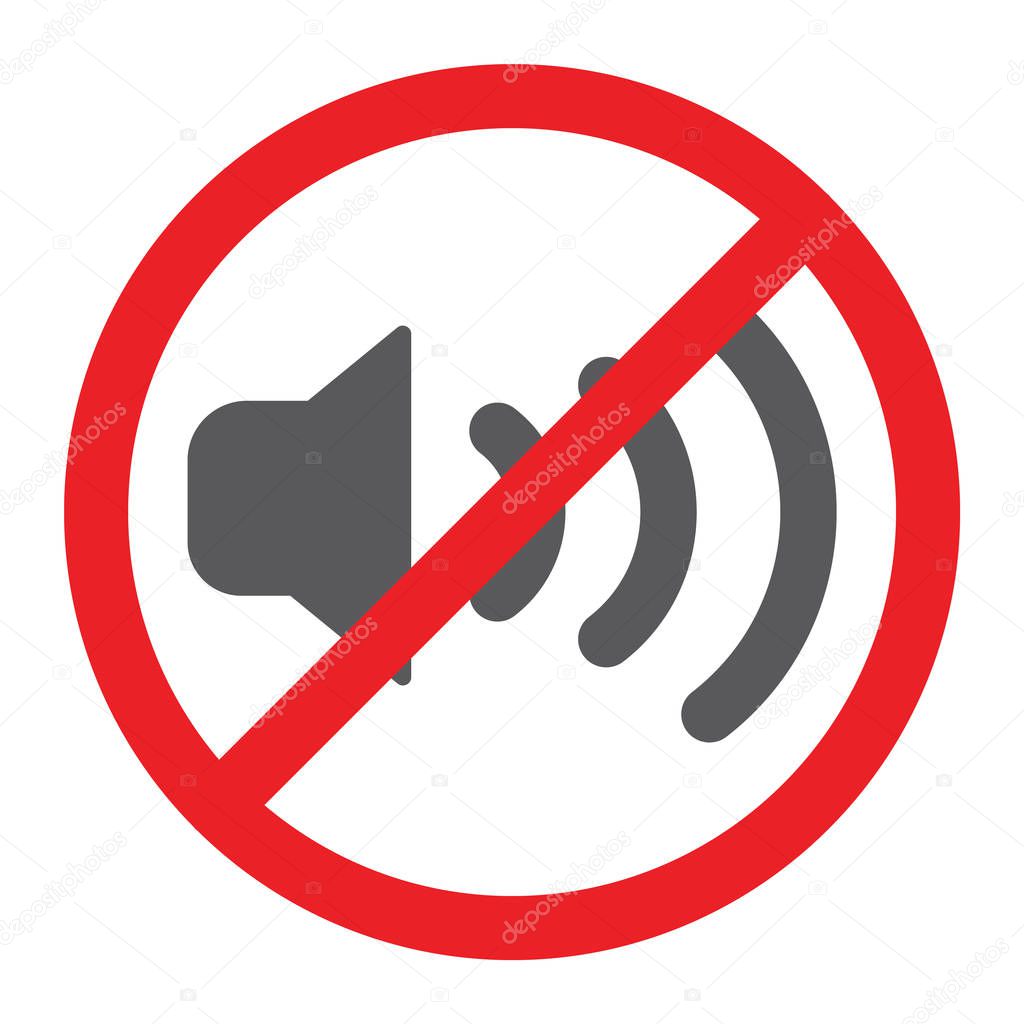 No sound glyph icon, prohibited and silence, no noise sign, vector graphics, a solid pattern on a white background.