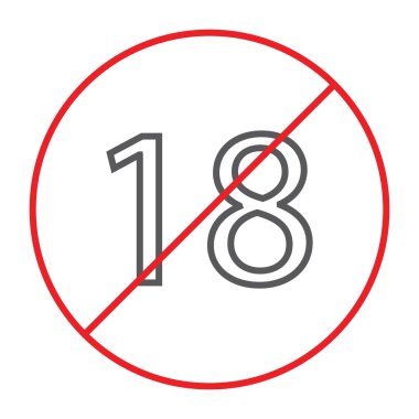 No 18 artı ince bir çizgi simgesi, yasak ve yasak, yaş kısıtlama işareti, vektör grafikleri, doğrusal model beyaz bir arka plan üzerinde.