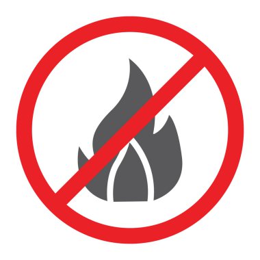 Herhangi bir yangın glif simge yasaktır ve uyarı, hiçbir alev işareti, vektör grafikleri, beyaz zemin üzerinde sağlam bir desen.