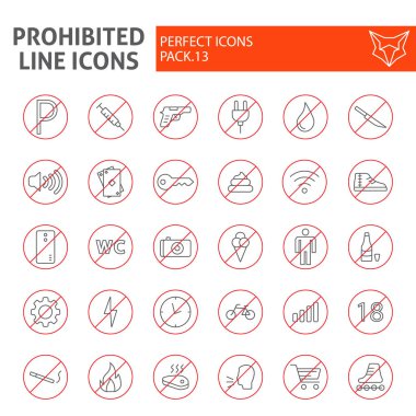 İnce çizgi simge seti, uyarı işaretleri doğrusal sembollerin paket beyaz arka plan üzerinde izole yasak semboller koleksiyonu, vektör çizimler, logo resimler, yasak.
