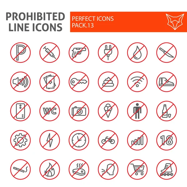 Conjunto de iconos de línea prohibida, colección de símbolos de advertencia, bocetos vectoriales, ilustraciones de logotipos, signos prohibidos paquete de pictogramas lineales aislados sobre fondo blanco . — Vector de stock