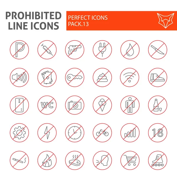 Conjunto de iconos de línea delgada prohibida, colección de símbolos de advertencia, bocetos vectoriales, ilustraciones de logotipos, signos prohibidos paquete de pictogramas lineales aislados sobre fondo blanco . — Vector de stock