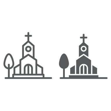 Kilise satır ve karakter simgesi, din ve bina, chapel işareti, vektör grafikleri, doğrusal model beyaz bir arka plan üzerinde.