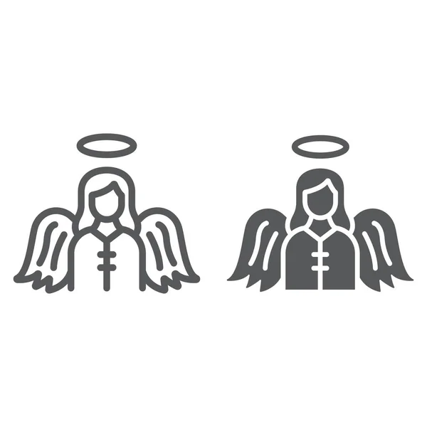 Icono de línea de ángel y glifo, religión y cielo, signo de carácter, gráficos vectoriales, un patrón lineal sobre un fondo blanco . — Vector de stock