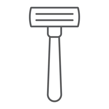 Ustura ince çizgi simgesi, Kuaför ve bıçak, tıraş makinesi işareti, vektör grafikleri, doğrusal model beyaz bir arka plan üzerinde.