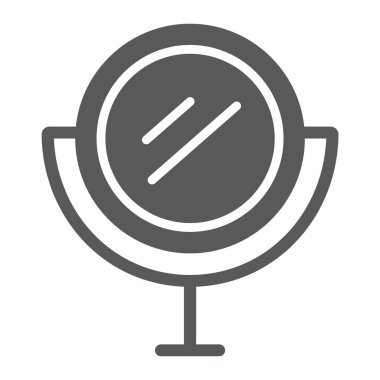 Tablo ayna glif simgesi, cam ve yansıma yuvarlak ayna imzalayın, vektör grafikleri, beyaz zemin üzerinde sağlam bir desen.