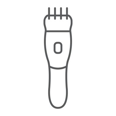 Elektrik kesme makinesi ince çizgi simgesi, Kuaför ve saç modeli, Elektrikli tıraş makinesi işareti, vektör grafikleri, doğrusal model beyaz bir arka plan üzerinde.