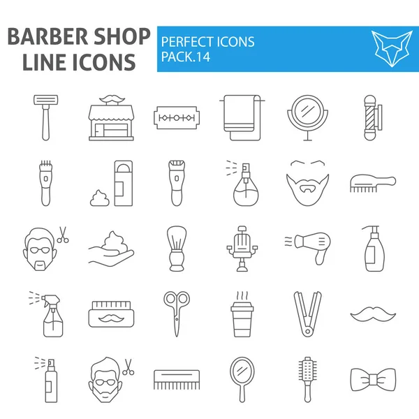 Set ikon garis tipis toko cukur, koleksi simbol gaya rambut, sketsa vektor, ilustrasi logo, tanda perawatan rambut piktogram linear yang diisolasi pada latar belakang putih . - Stok Vektor