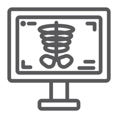İnce çizgi simgesi, tıp ve kemik, iskelet işareti, vektör grafikleri, beyaz bir arka plan üzerinde bir doğrusal model x-ışını.
