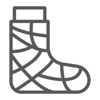 Alçı satırı simgesi, travma ve yaralanma, ayak işareti, vektör grafikleri, doğrusal bir desen beyaz zemin üzerine bandaj.